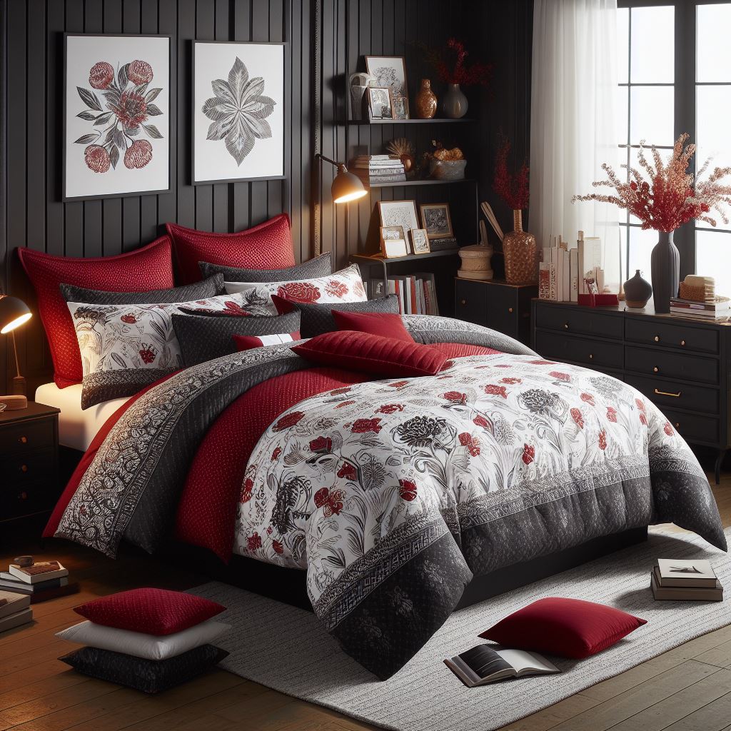 4-Piece Fine Printed Comforter Set Reversible Soft Down Alternative Bedding King (Burgundy Red, Black, White, Grey)