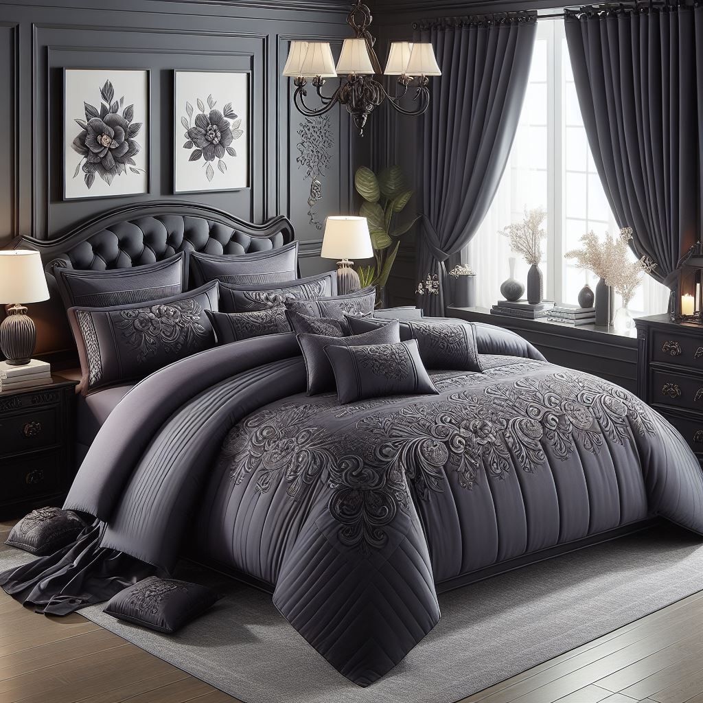Grand Linen 7 Pieces King Size Dark Purple/Grey/Black Double-Needle Stitch Pinch Pleat All-Season Bedding-Down Alternative Embroidered Comforter Set