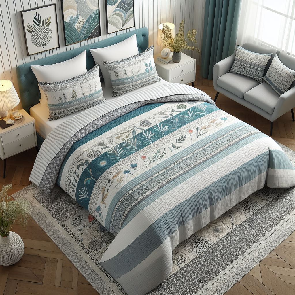 3-Piece Fine Printed Oversize (100" X 95") Quilt Set Light Weight Reversible Bedspread Coverlet Queen Size Bed Cover (Grey, Teal Blue (More Bluish), White, Stripe)